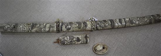 A Japanese katana, with late 19th century carved ivory scabbard,